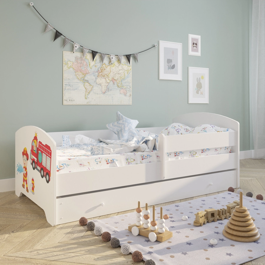 Kids Collective Kinderbett 70x140 | 80x160 cm mit Matratze und Schublade, Rausfallschutz Feuerwehr Motiv