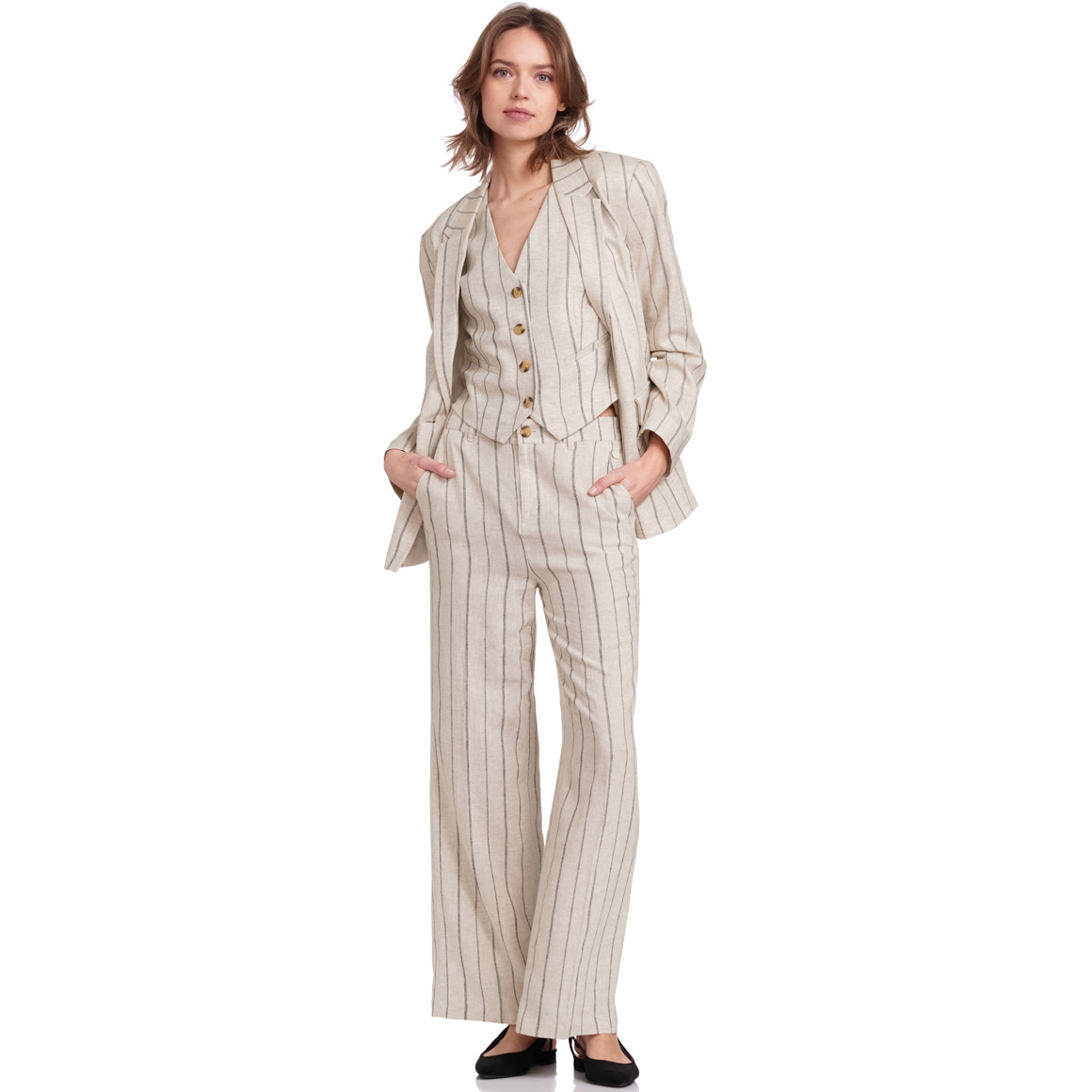 Gina Collection Damen Leinen-Blazer mit Streifenmuster creme