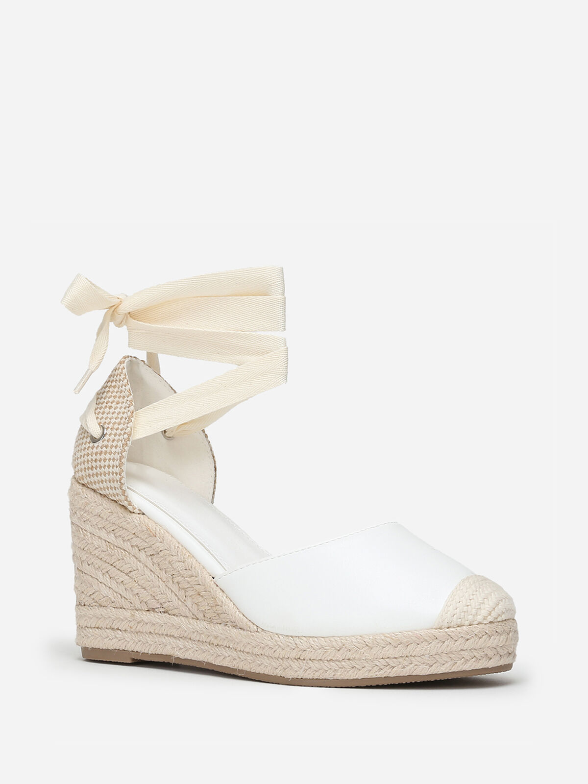 Espadrilles compensées avec ruban à nouer- Blanc