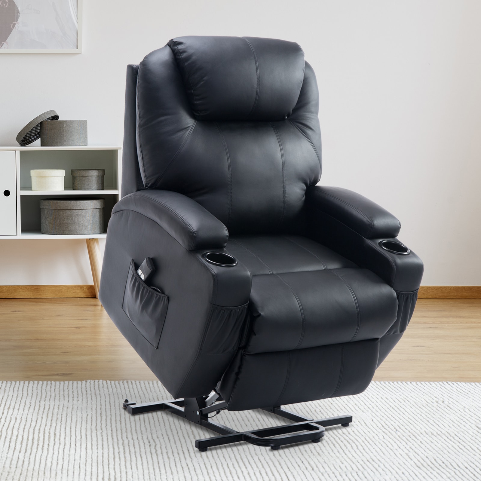 HOMCOM Fernsehsessel 2-in-1-Design, Becherhalter auf beiden Seiten, Sessellift Schwarz 84 x 92 x 109 cm (BxTxH)