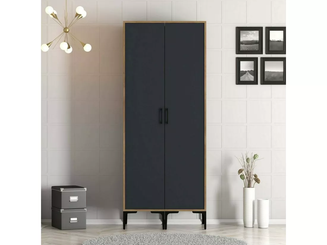 Garde-robe 2 portes Dbonanse, Meubles de chambre, Penderie de plain-pied, Placard à vêtements, 80x201h48 cm, Noyer et Anthracite