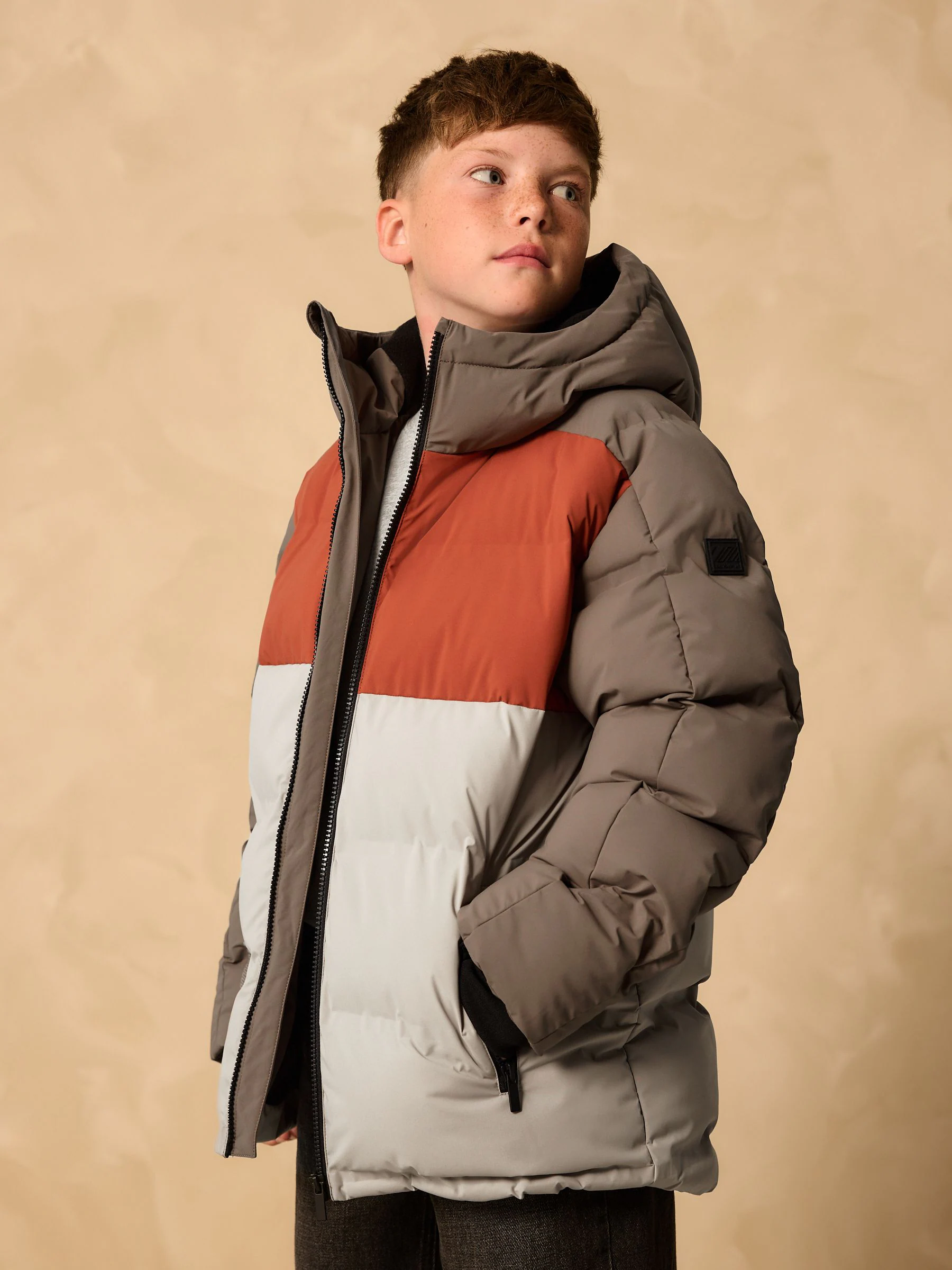 Roestbruine Kleurblokken - Regenbestendige gewatteerde jas met microfleece voering (3-17jr)