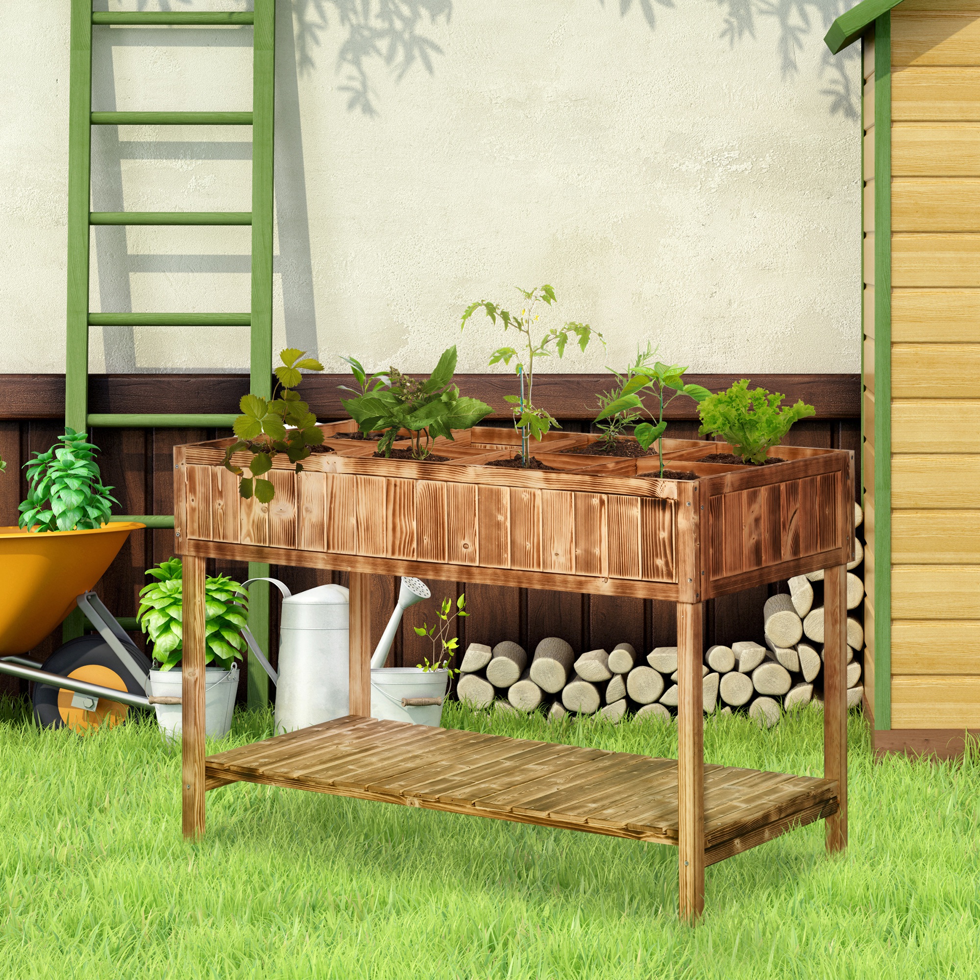 Jardim Urbano de Madeira Outsunny 120x60x81 cm, Jardineira Elevada para Cultivo de Plantas e Flores, Mesa de Cultivo com Prateleira Inferior para Jardim, Terraço e Área Externa, Acabamento Carbonizado