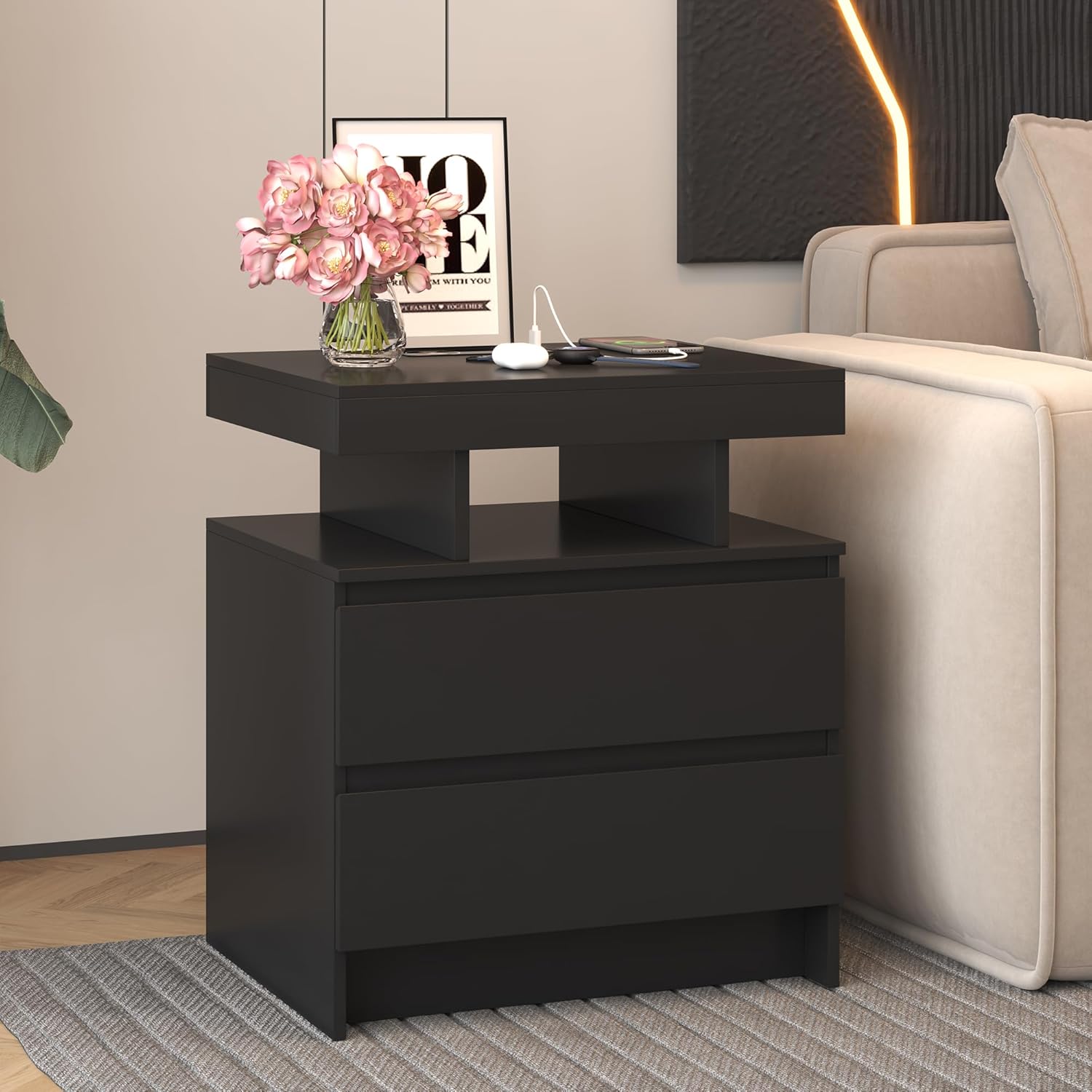 Vlsrka LED Nachttisch mit Ladestation, Nachttisch mit 3 Farben Licht, Smart Nachttische mit Drahtloses Laden, Nachtkästchen mit 2 Schubladen, Moderner Nachtschrank Schlafzimmer Wohnzimmer, Schwarz