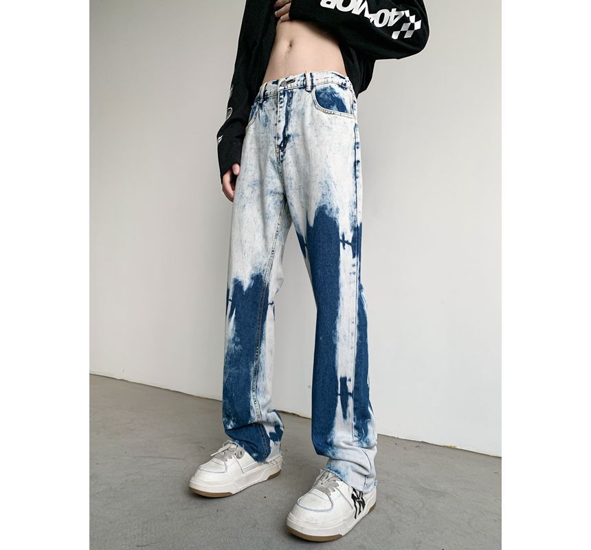 emeisa - Mid Rise Tie Dye Washed Straight Leg Jeans