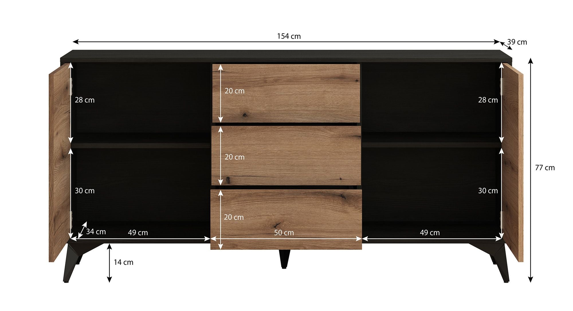 Meubella - Dressoir Dolores - Eiken - Zwart - 154 cm - met lades