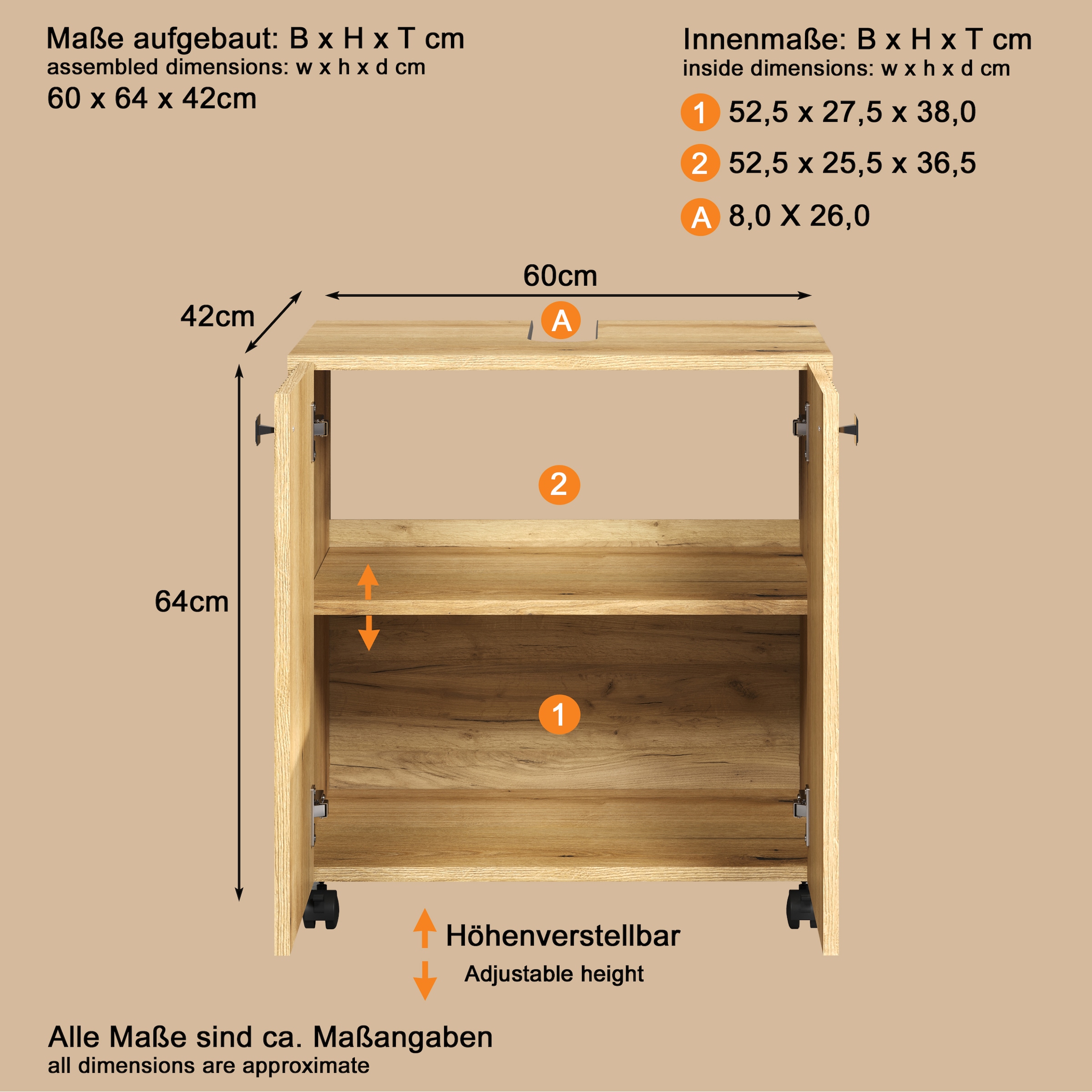 welltime Waschbeckenunterschrank »Amrum« 1 Stk. tlg. Waschtisch auf Rollen - (B/T/H) wahlweise 60-80/42/64 cm