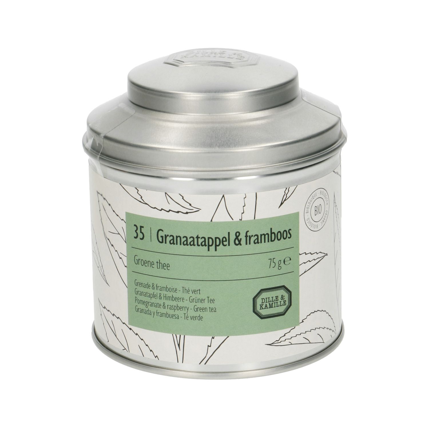 Granaatappel & framboos, biologisch, groene thee, blik, 75 gram
