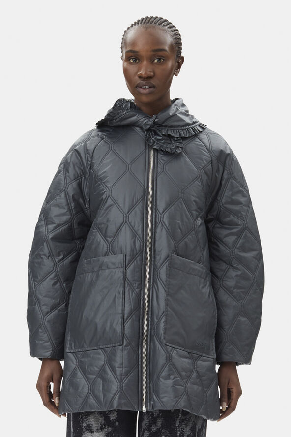 Ganni Shiny Quilt Midi Jacket Black sand