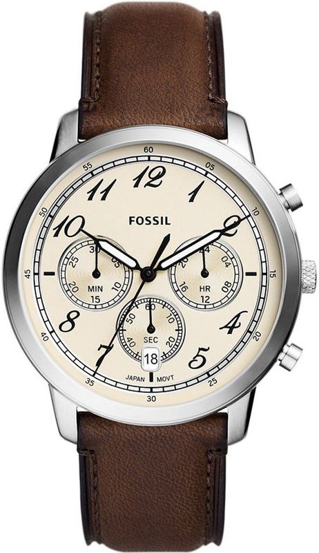 Fossil - Neutra Chronograph - Horloge - Perkamentkleurig - Roestvrijstaal - Bruin Leren Bandje
