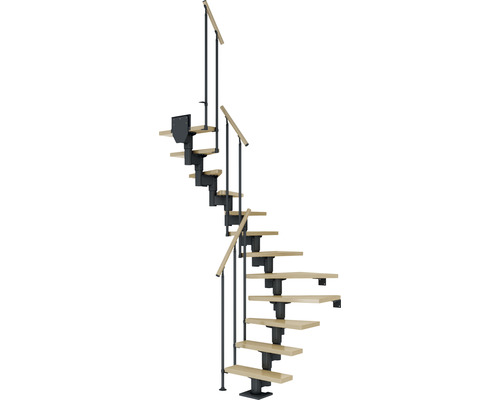 Pertura Spiros middentrap, antraciet, halve draai, 75 cm, balustrade, esdoorn gelamineerd hout, gelakt, 11 treden / 12 stootborden