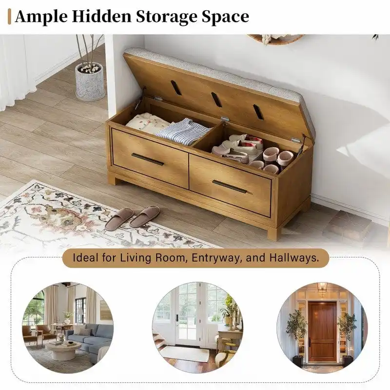 Shoe Bench with Removable Cushion and Hidden Storage for Entryway and Living Room Organization