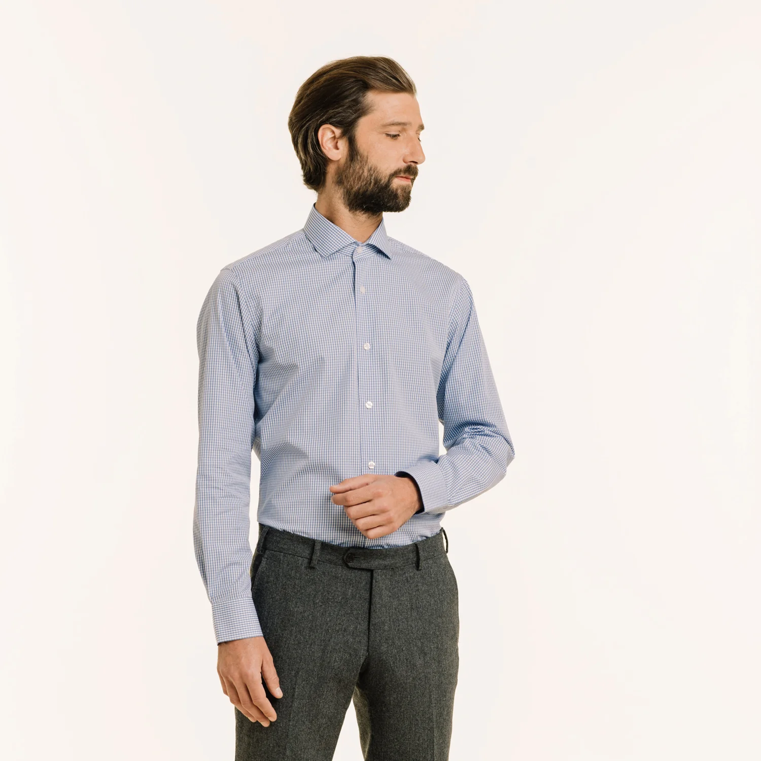 Blue double-twisted gingham poplin shirt