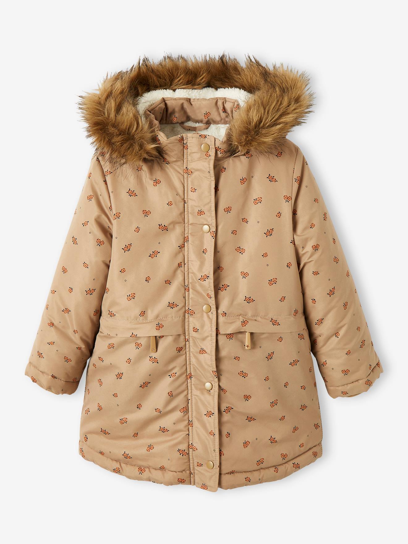 Parka azul-escura estampada com capuz e forro de sherpa para meninas