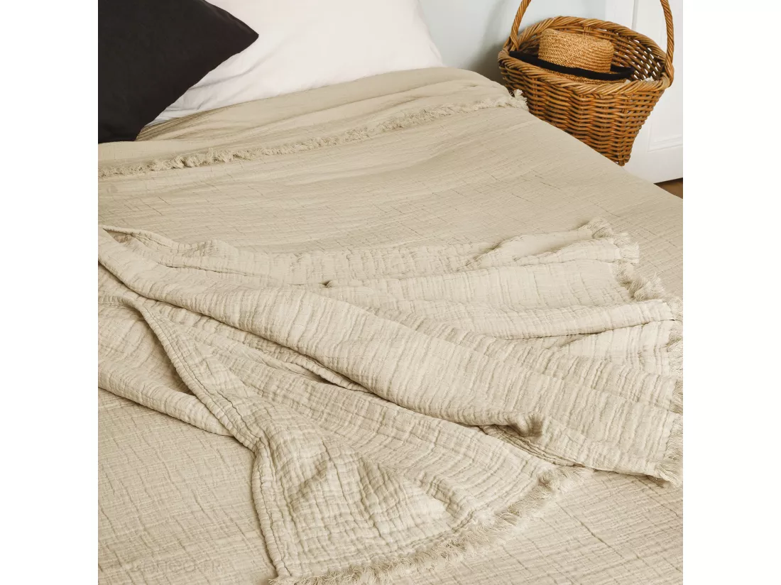 Dessus de lit 230x250 cm BREHAT 100% gaze de coton marron galet