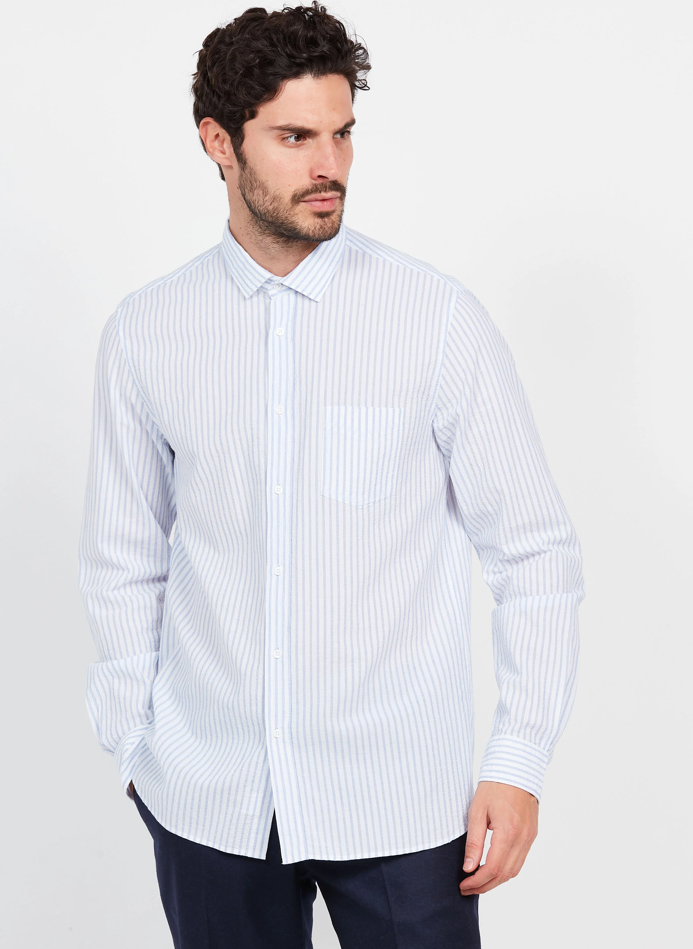 Chemise col classique à rayures en coton | Blanc