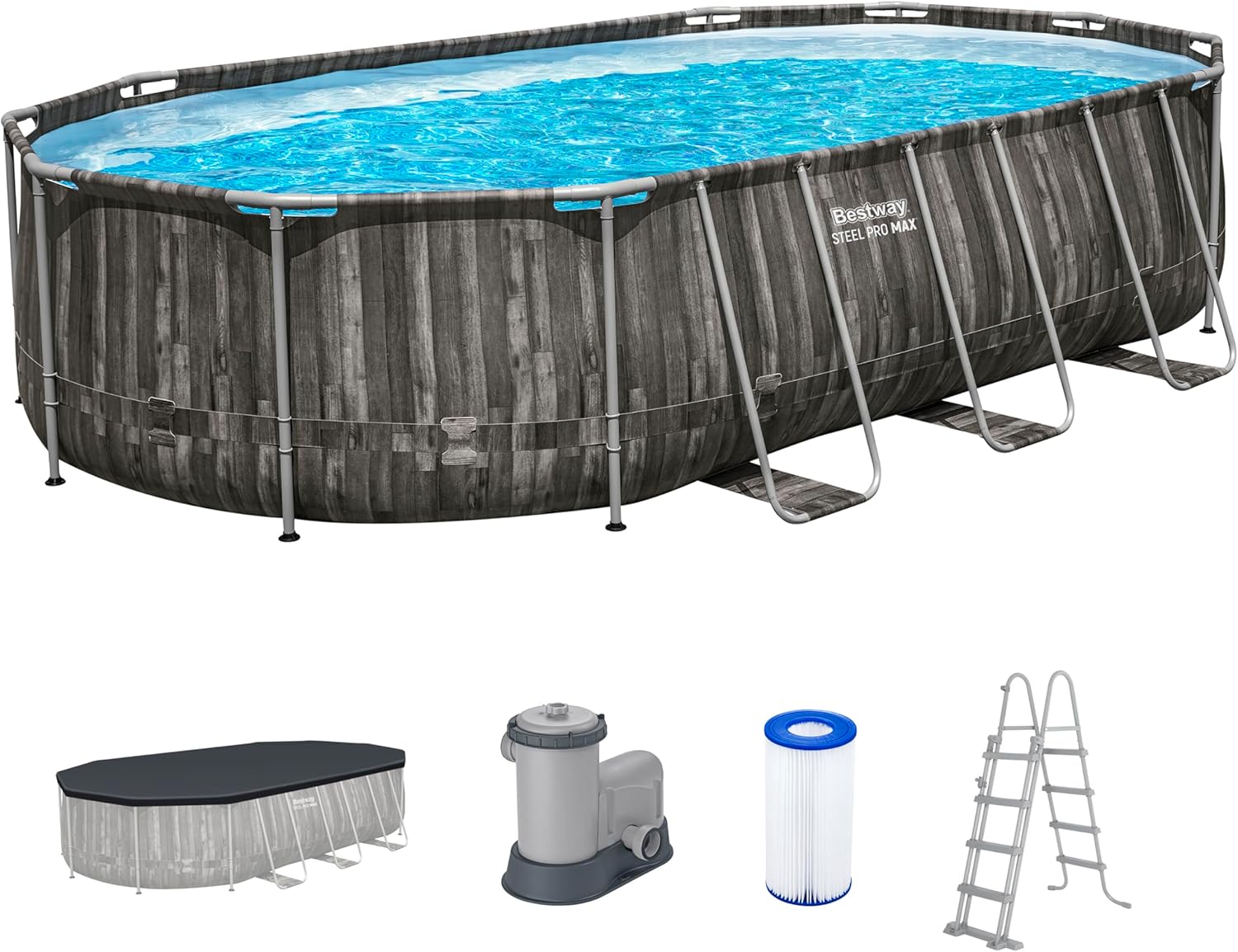 Bestway Steel Pro MAX Frame Pool Komplett-Set, 610 x 366 x 122 cm, Holz-Optik, 20.241 L, 3-lagiges TriTech-Material, ClickConnect System, Filterpumpe, Sicherheitsleiter, Abdeckplane, Reparaturflicken