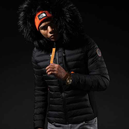 Doudoune Capuche Premium Tech Fourrure Noir Orange
