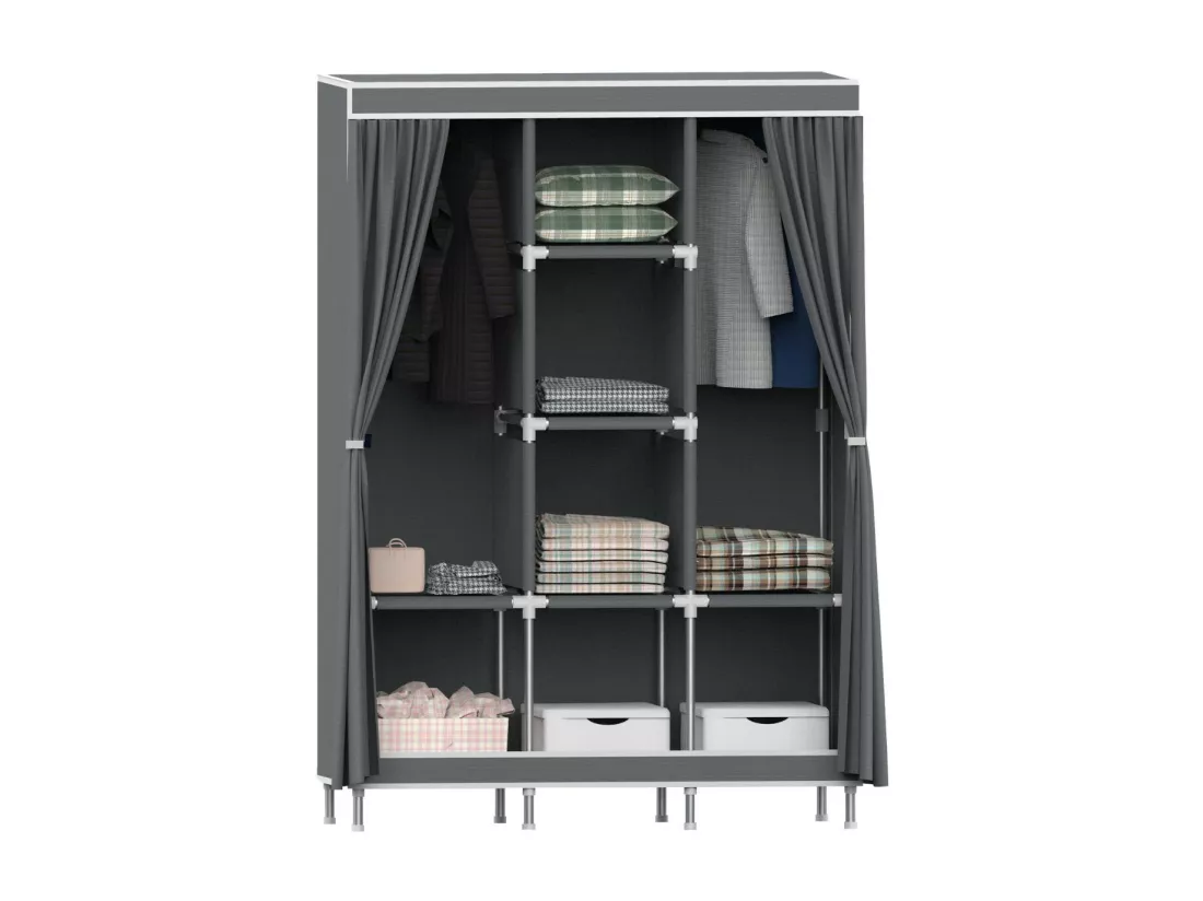 Armoire Triple Tissu avec Rideaux Coulissants Blanc/Gris 118x45x169cm Thinia Home