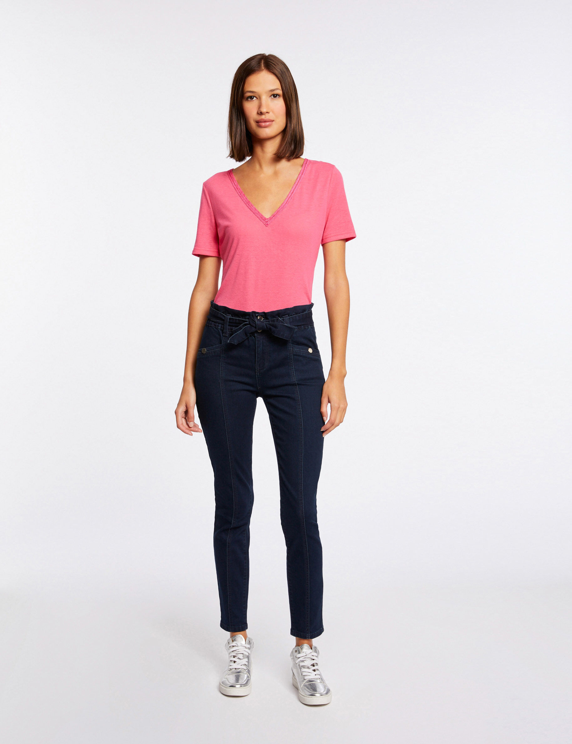 T-shirt manches courtes avec col en V fuchsia femme - fuchsia