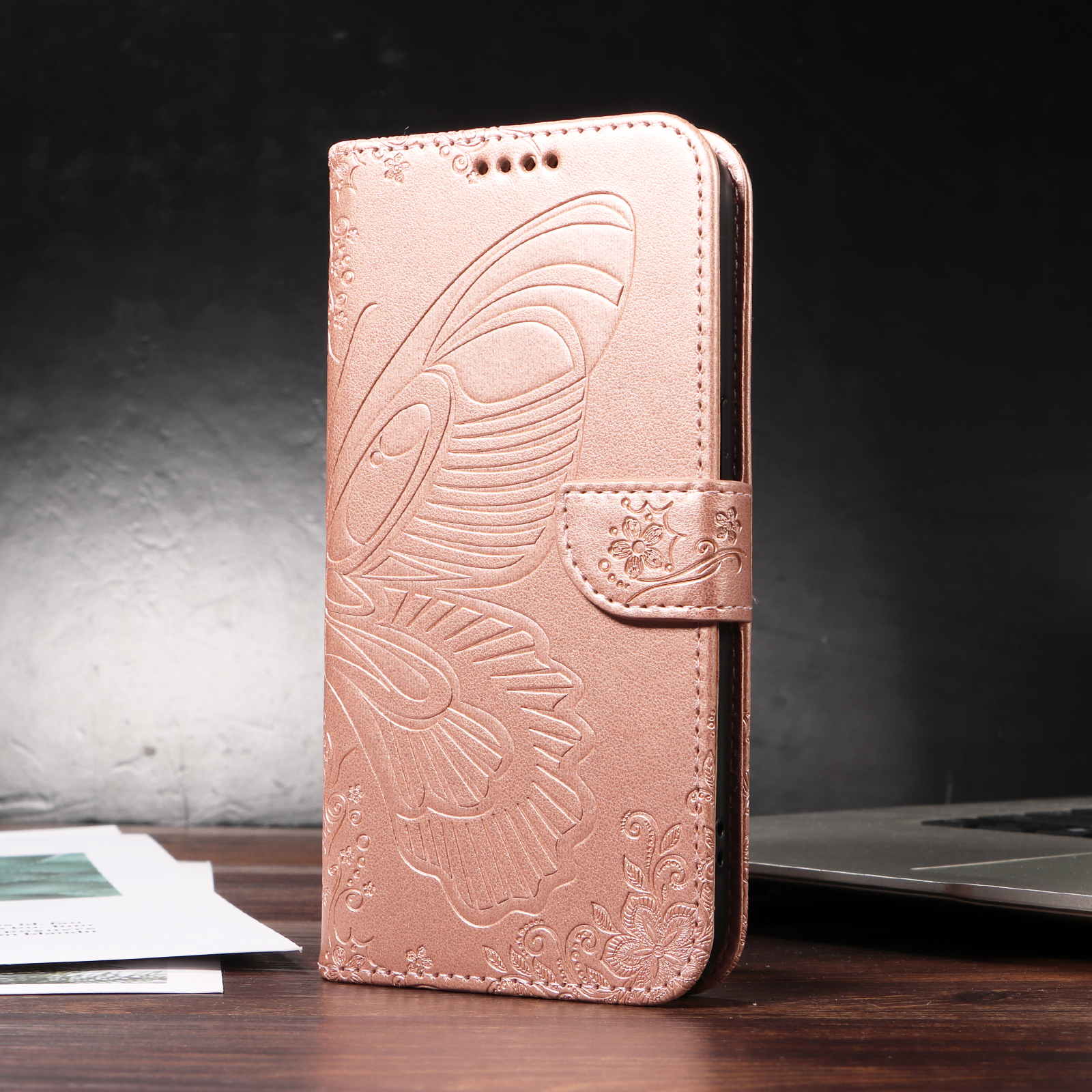 iPhone 17 Pro Leder Tasche Flip Cover Schmetterlinge Imprint - Roségold