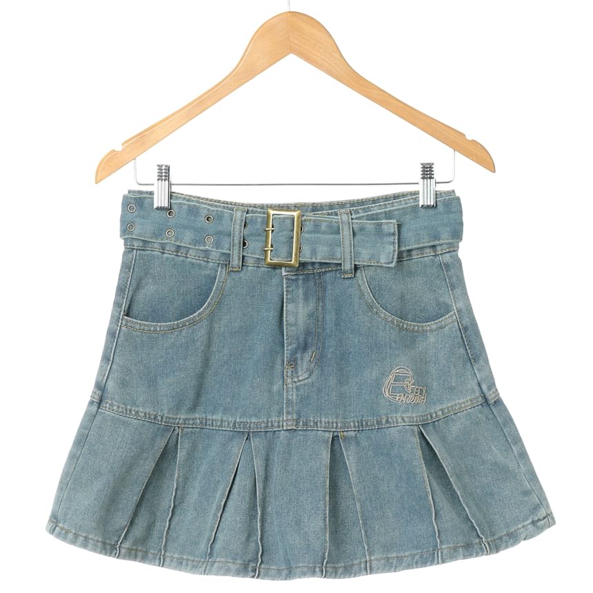 Bolgivy - Mini A-lijn denim rok met hoge taille en riem
