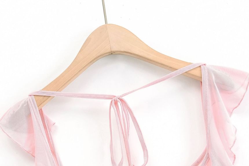 Sundine - Maxi-jurk met kapmouwen, ronde hals, effen ruches en mesh met split