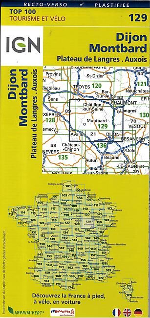 IGN - TOP 100 129 DIJON MONTBARD PLASTIFIEE