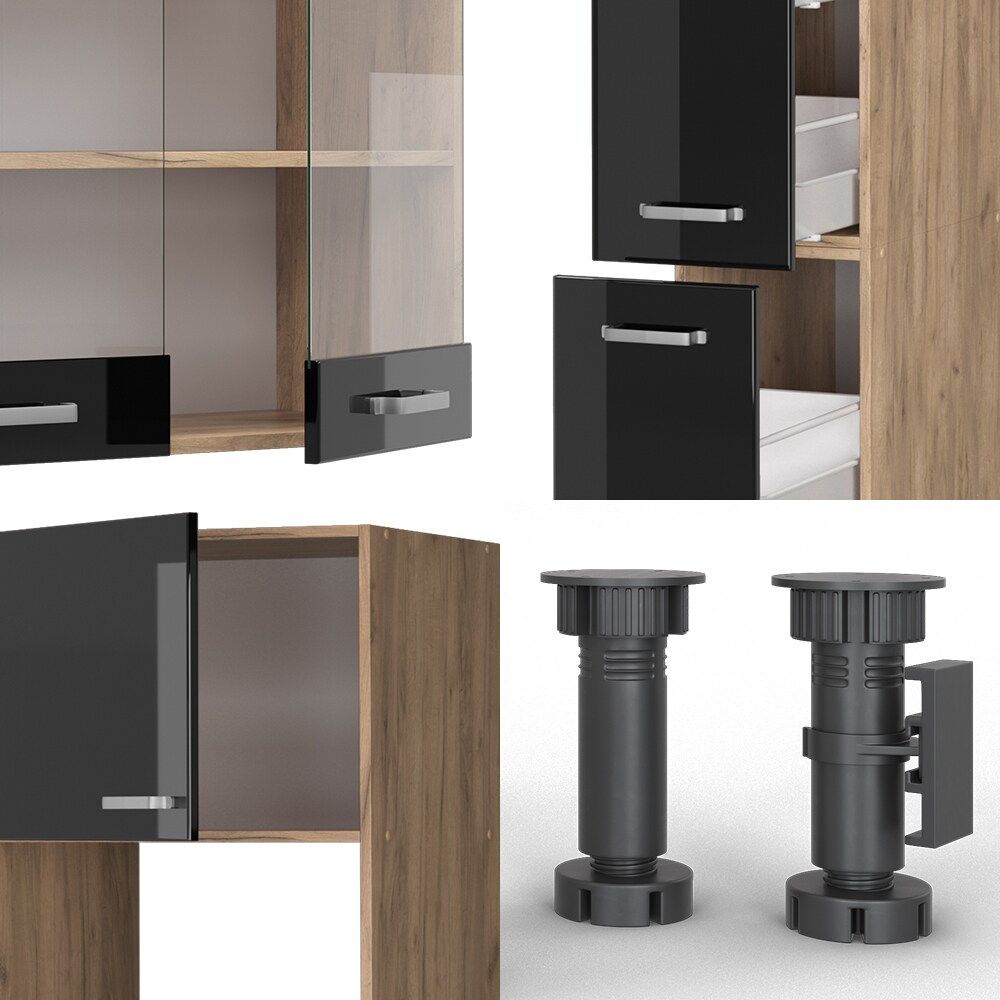 Vicco Küchenzeile R-Line Solid Eiche Schwarz 350 cm modern Küchenschränke Küchenmöbel