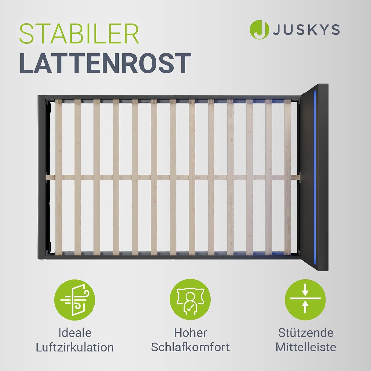 Juskys Polsterbett 120x200 cm – Bett Paris mit LED Beleuchtung, Lattenrost & Kopfteil, modernes Doppelbett aus Kunstleder & Holz – Grau