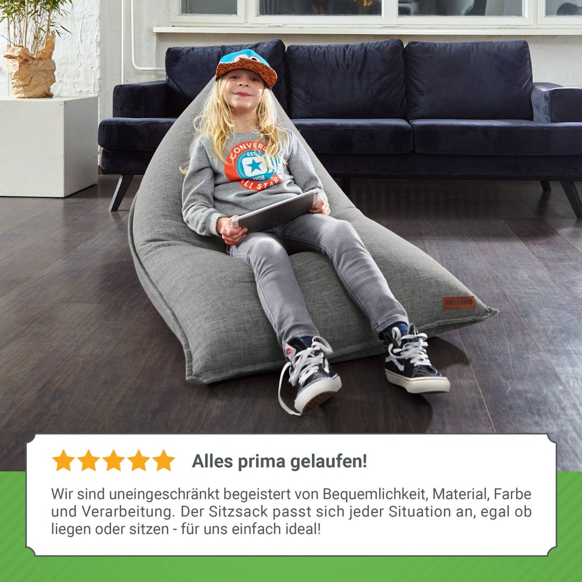 Green Bean Triangle Zitzak 150x100x100cm met 220 liter EPS-korrelvulling - Knuffelzacht en wasbaar - Binnenkussen van stof voor op de vloer, ligstoel en zitkussen - Grijs