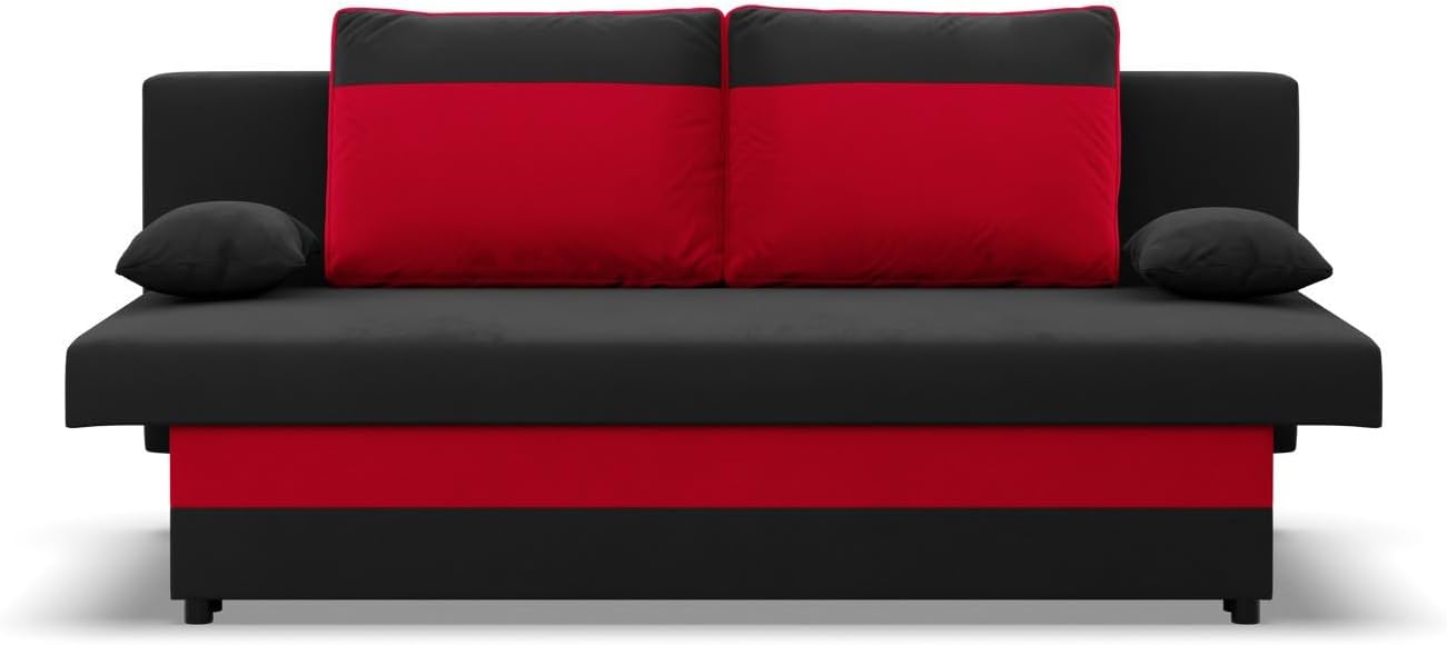 Mebligo - Sofa 3-Sitzer NOLA mit Schlaffunktion und Bettkasten, Schaum, schwarz + rot