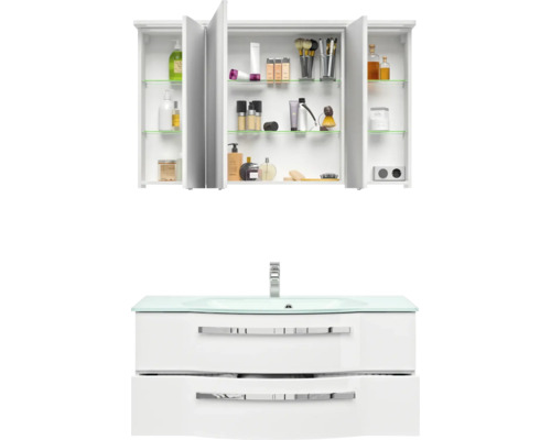 3-delige badkamermeubelset Pelipal xpressline 4005 BxHxD 120 x 200 x 49,1 cm, hoogglans witte fronten, met witte glazen wastafel en glazen wastafelmeubel, wastafelkast, spiegelkast met LED-verlichting, verchroomde grepen, 992.1200211 9921200211