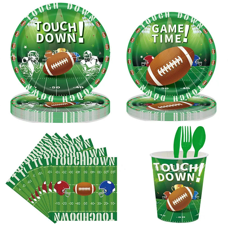 (168-tlg. Set) Einweg Geschirr Super Bowl Party Tisch Deko inkl. Teller / Servietten / Besteck / Papp Becher - Football
