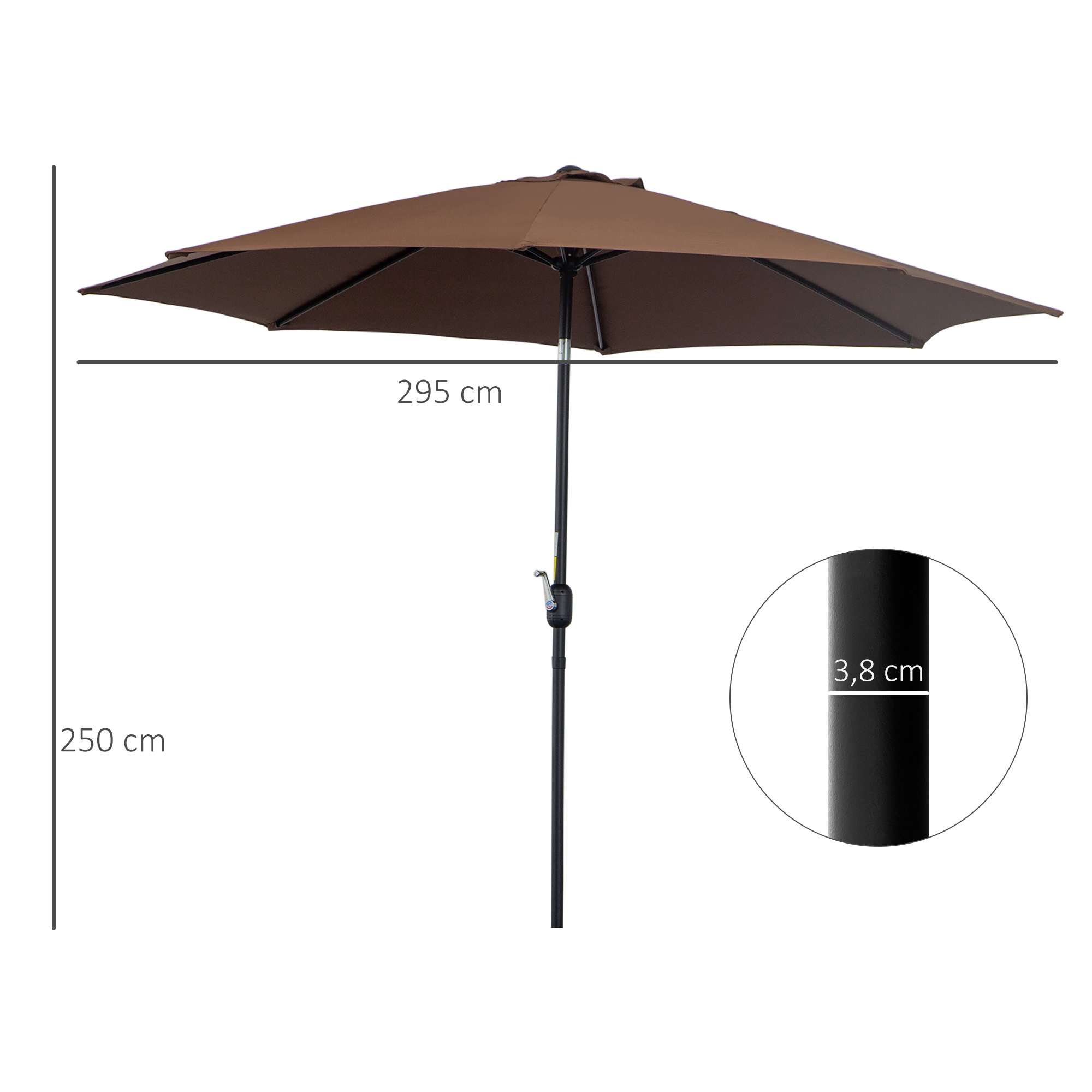 Guarda-sol de jardim Outsunny Ø295x250 cm com manivela, guarda-sol externo com mecanismo de inclinação e mastro de metal removível para terraço, piscina, pátio e café.