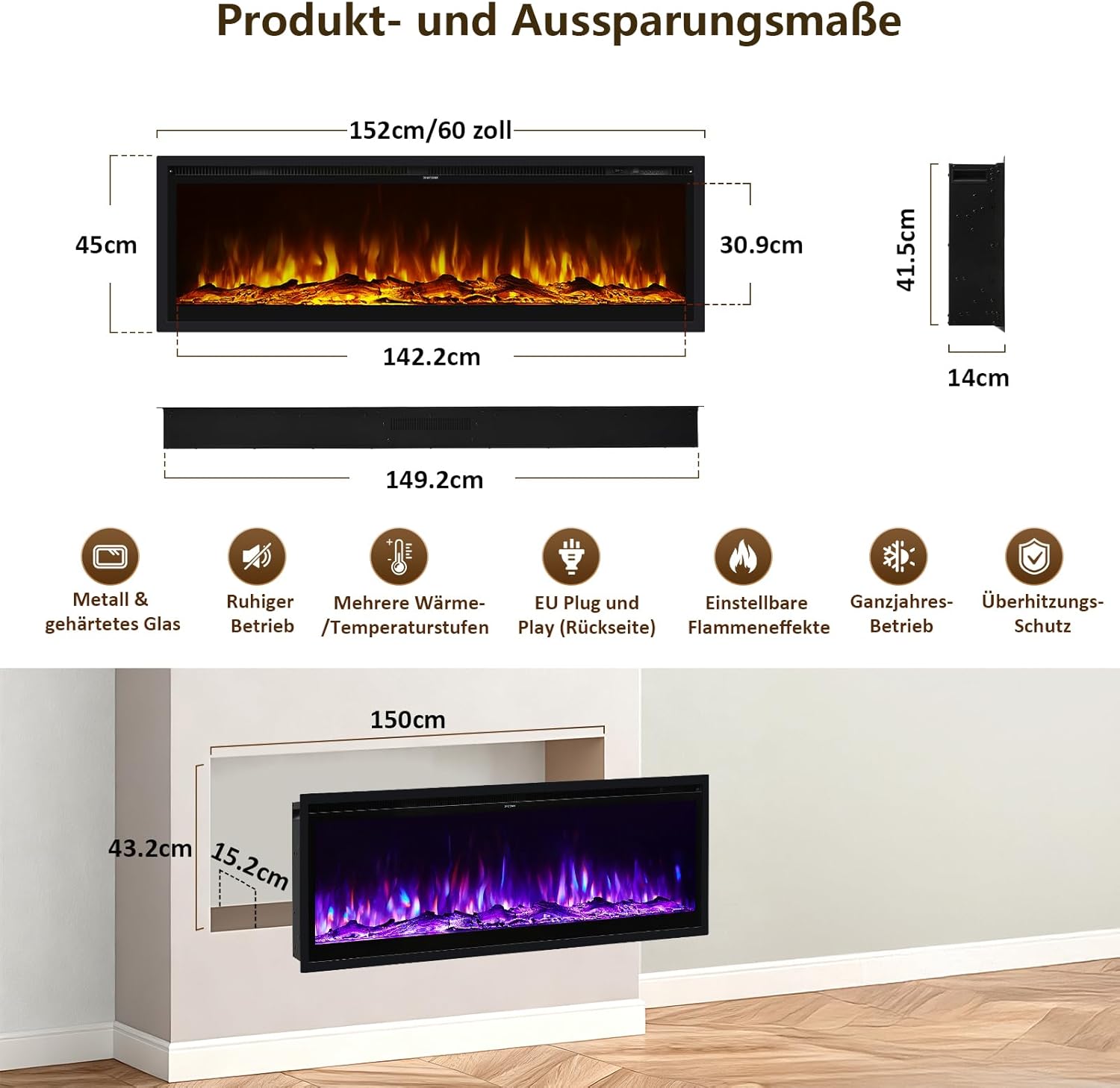 INMOZATA 60 Zoll Elektrokamin mit Heizung, 3-IN-1 Elektrokamin Wand/Einbau/Standkamin,Kamin Elektrisch mit Heizung 900W&1800W, 12 Flammenfarben, Heizfunktion, Thermostat, Timer, Fernbedienung
