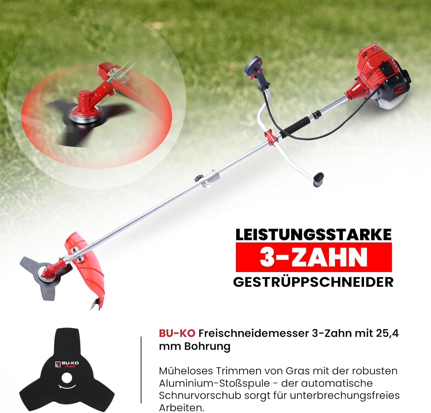 BU-KO 52cc Motorsense Benzin Rasentrimmer Garden Tool inklusive: String Trimmer, Freischneider mit 3T Blade, Stahldraht Strummer Wildkrautbürste Schneidemesser. Tolles Outdoor Tool