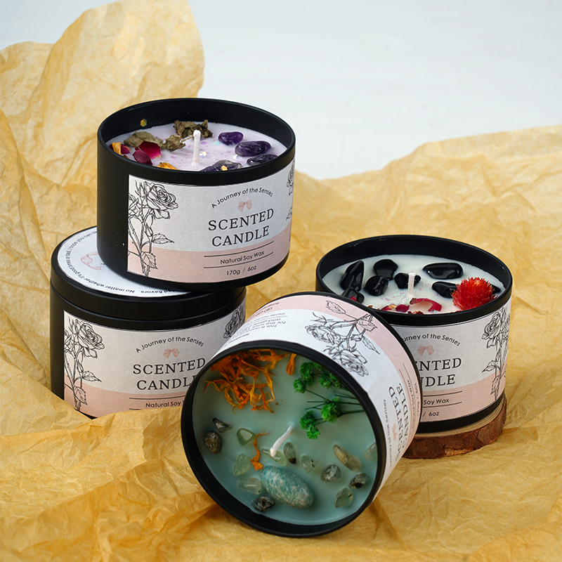 Duft Kerze in Dose Aromatherapie Sojawachs Kerze Home Deko Kristall Steine / Blumen - Lavendel