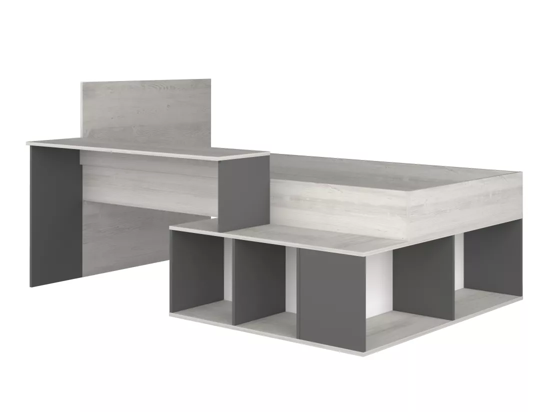 Lit combiné 90 x 200 cm avec rangements et bureau - Coloris : Naturel et anthracite + Sommier + Matelas - RIGALI