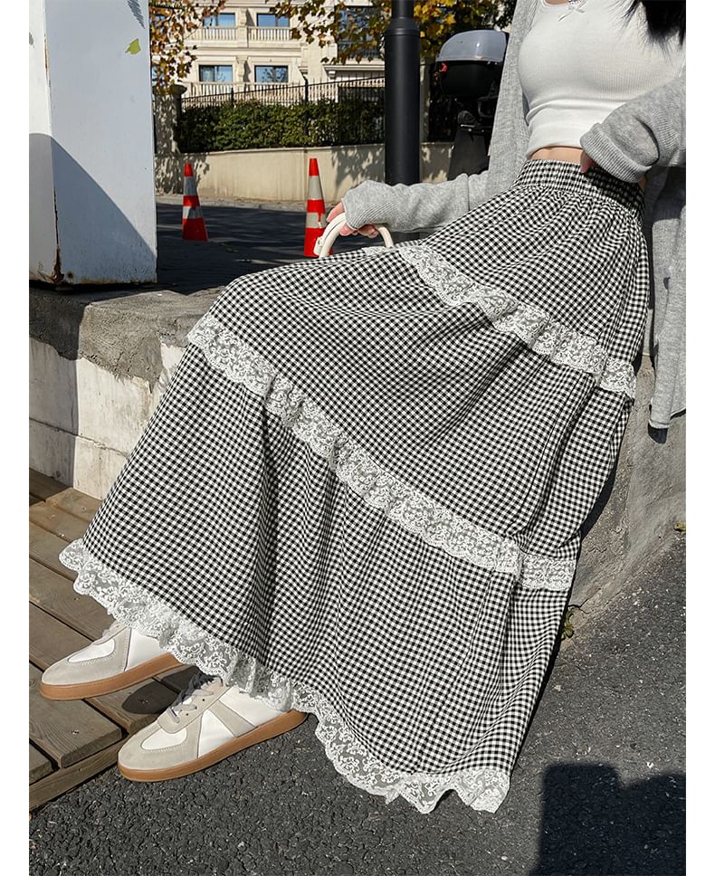 hollybunbur - Hoge taille geruite maxi-A-lijn rok met kantversiering (verschillende ontwerpen)