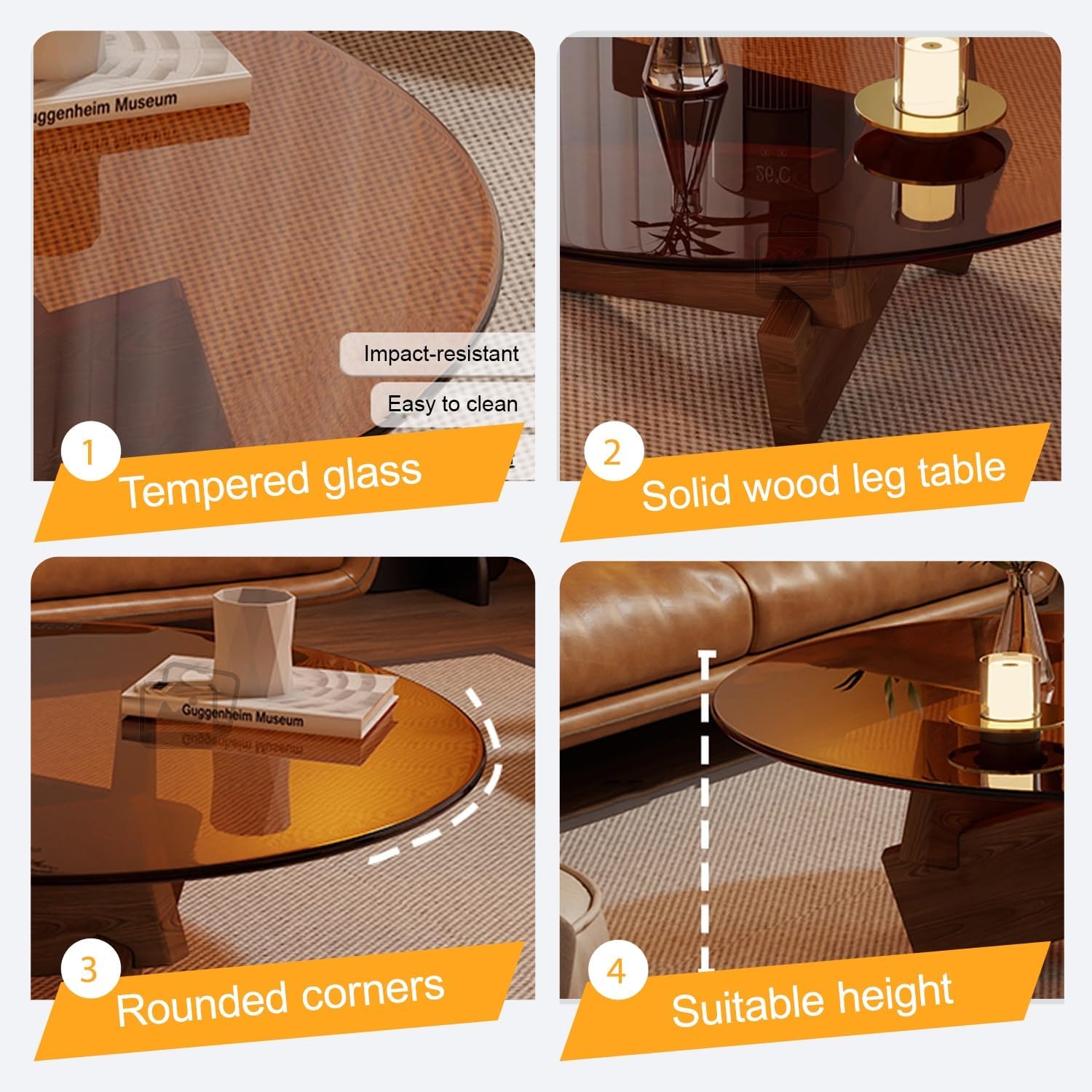Couchtisch Rund Glas, Wohnzimmertisch, Zentraler Wohnzimmer-Couchtisch, Tischbeine Aus Massivholz, Minimalistisches Design für Wohnzimmer Oder Büro(Black,W80xH31cm/31x13in)