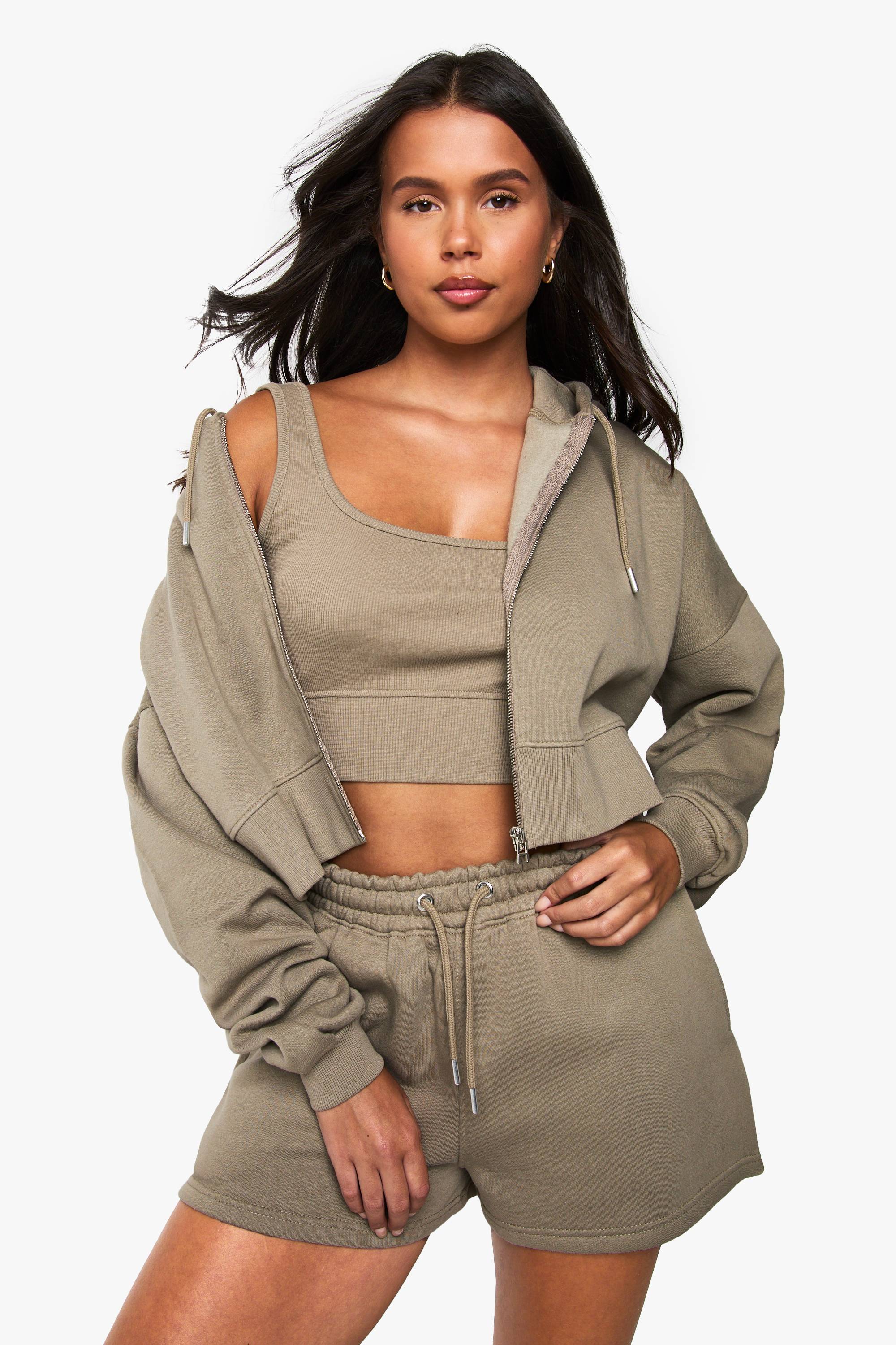 boohoo Survêtement court 3 pièces à zip cropped avec ourlet profond