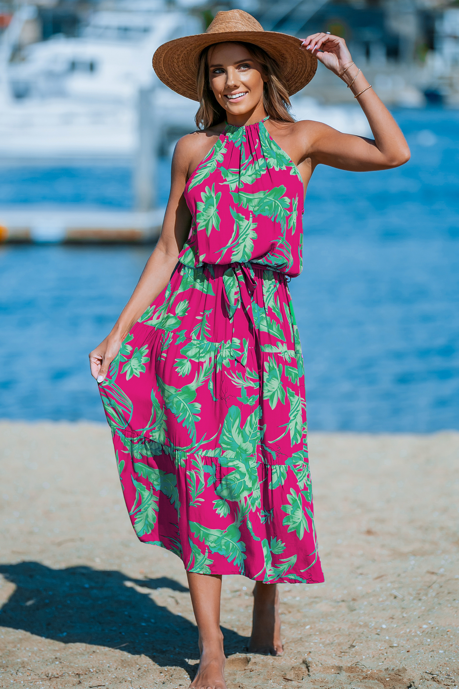 Robe maxi à col licou tropical rose et verte