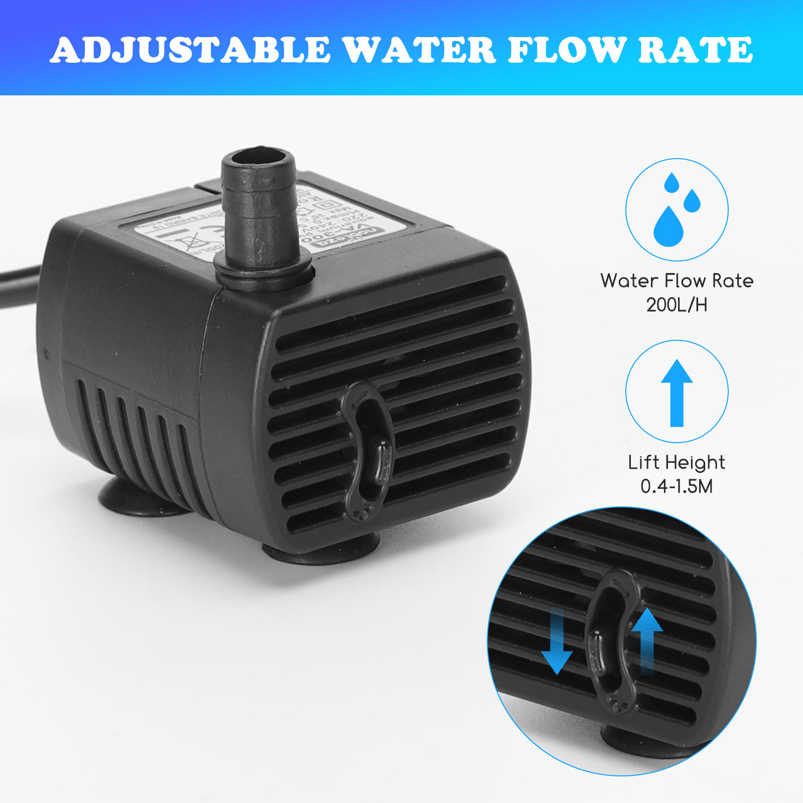 Nobleza - Mini Bomba de Água (200L/H - 3W), Bomba de Aquário Ultrassilenciosa com Curso Longo, Bomba para Fonte com Cabo de Alimentação de 0,6m, 2 Bicos para Aquários, Fontes e Estátuas