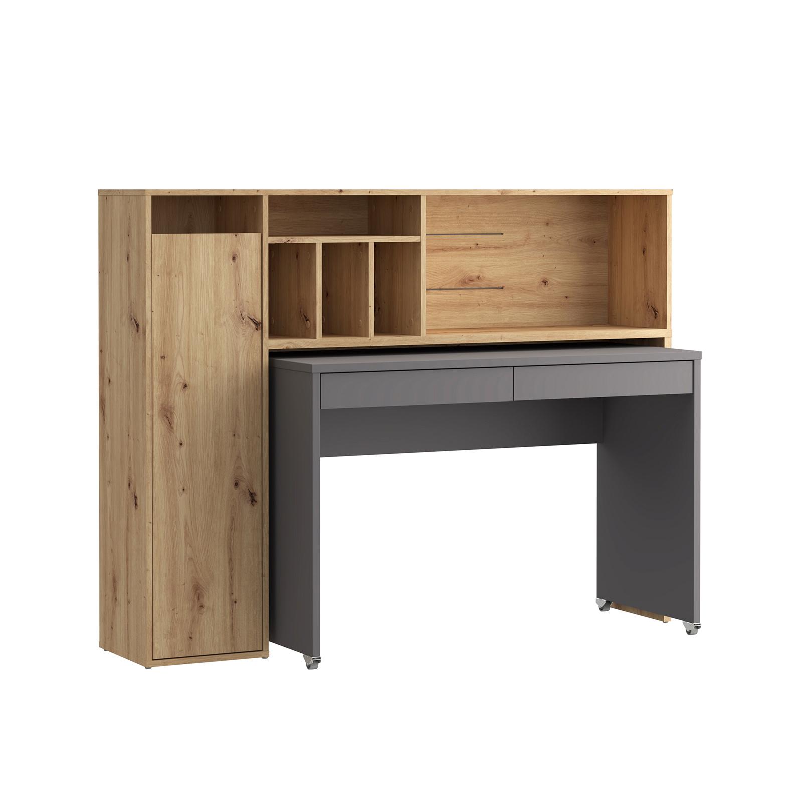 Schreibtischsystem - Artisan Eiche-Wolfram grau - mit Rollen - 154 cm
