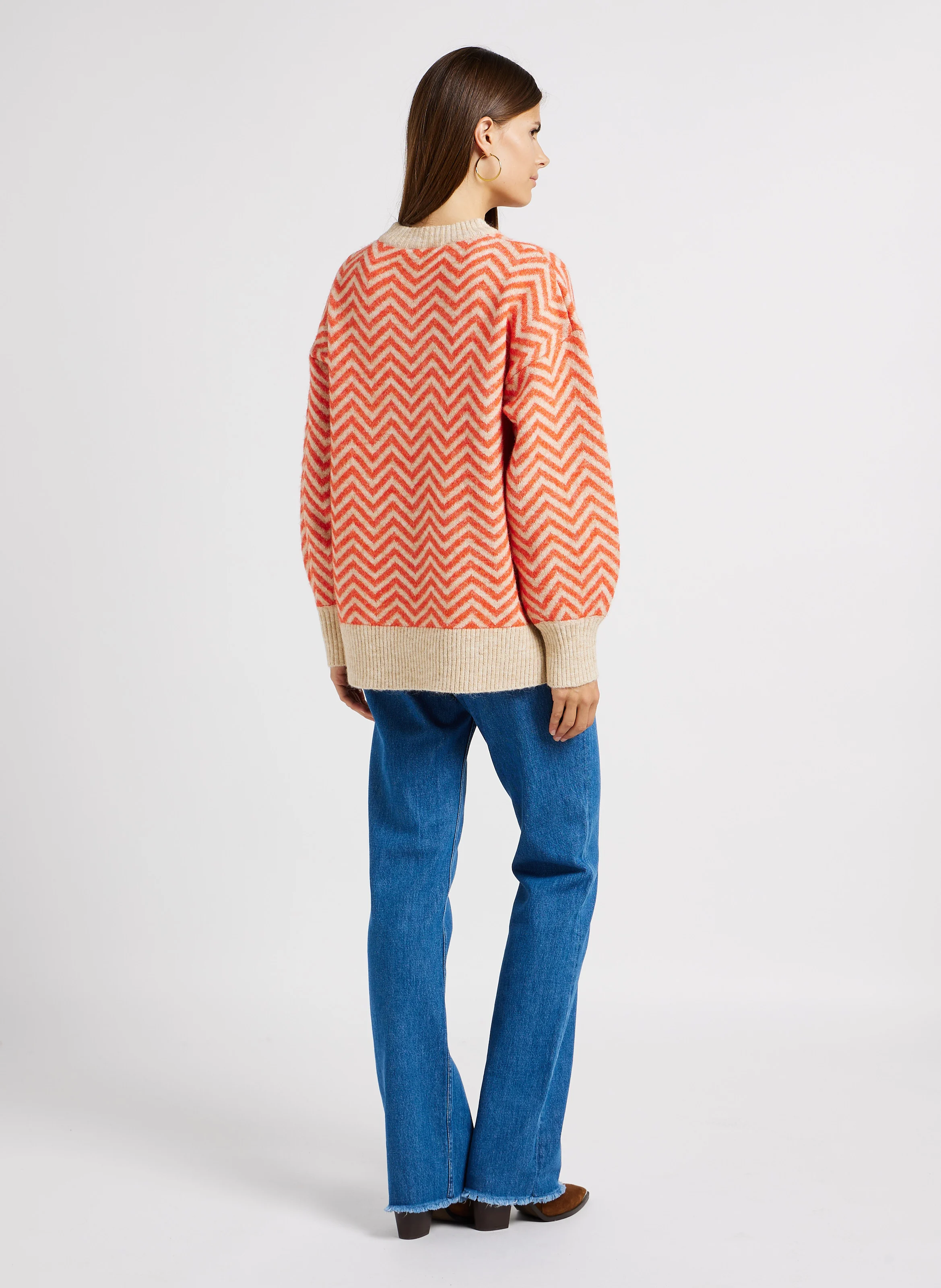 LUCIA - Pull ample col rond motif zigzag en maille mélangée | Beige