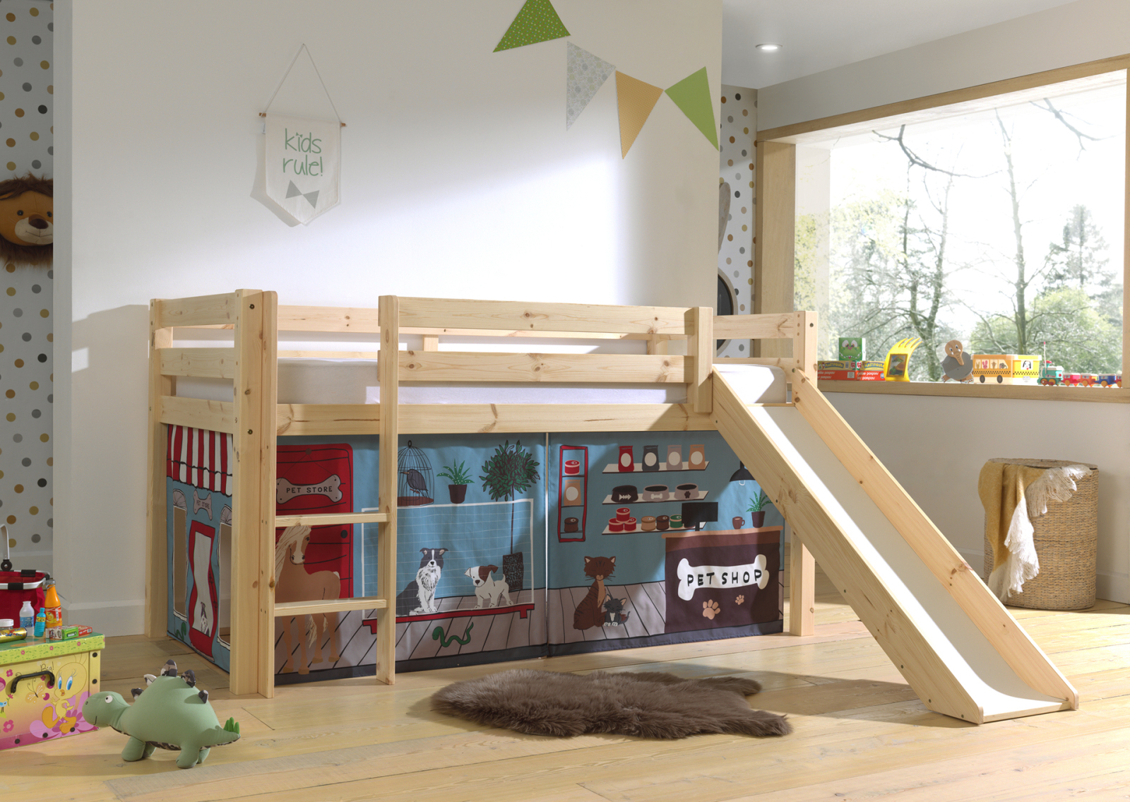Halbhochbett PINO - PETSHOP - Kiefer natur Massivholz - mit Rutsche - 90x200 cm