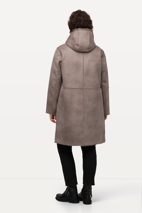 Shearling-Mantel, Lammfelloptik, 2-Wege-Zipper, Kapuze