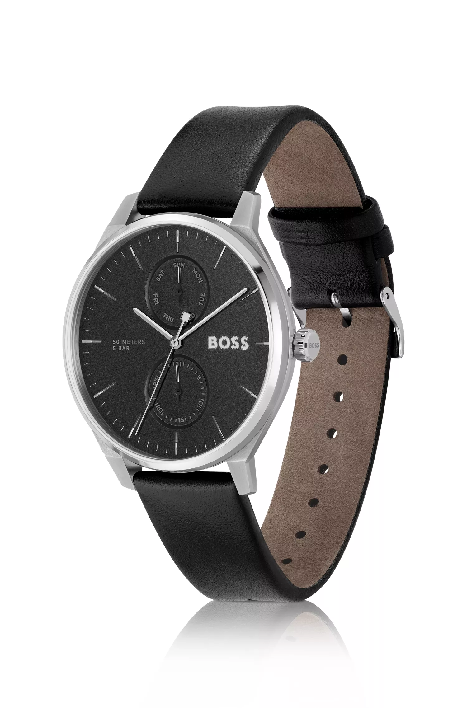 Relógio BOSS com mostrador preto e pulseira de couro.