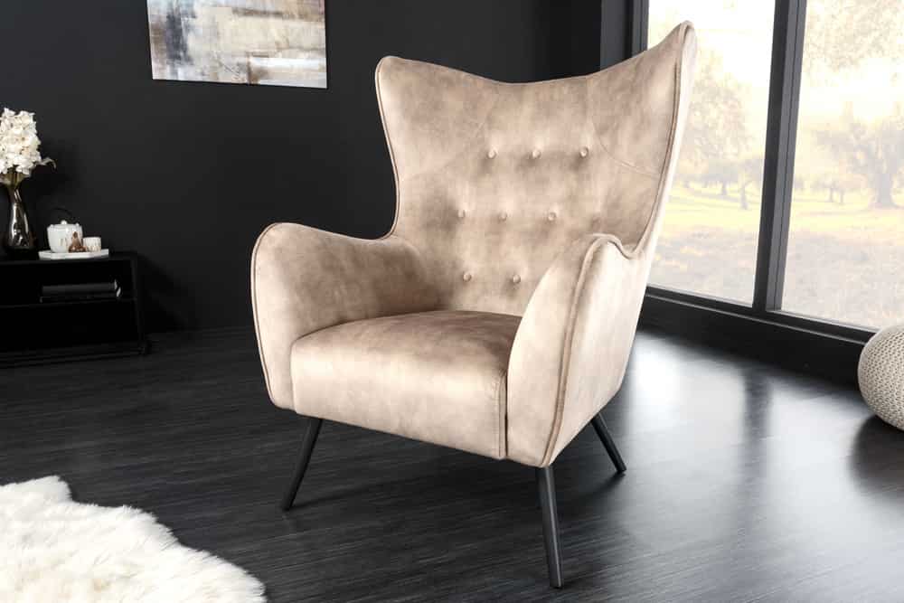 Design XL Sessel AMSTERDAM champagner Samt schwarze Metallbeine Retro Stil